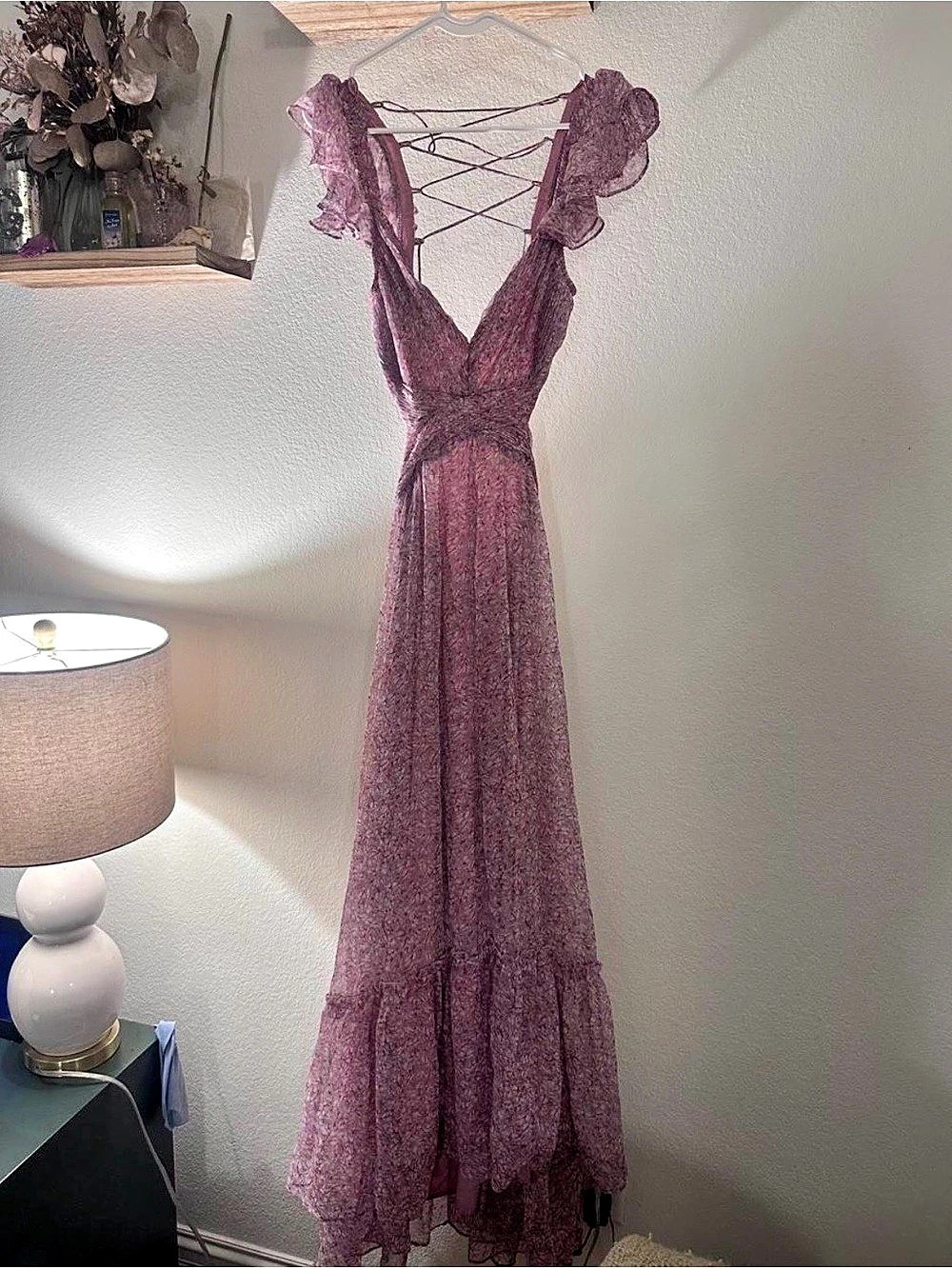 Mac Duggal Ruffle Tiered Cut-Out Chiffon Gown Floral Maxi Dress